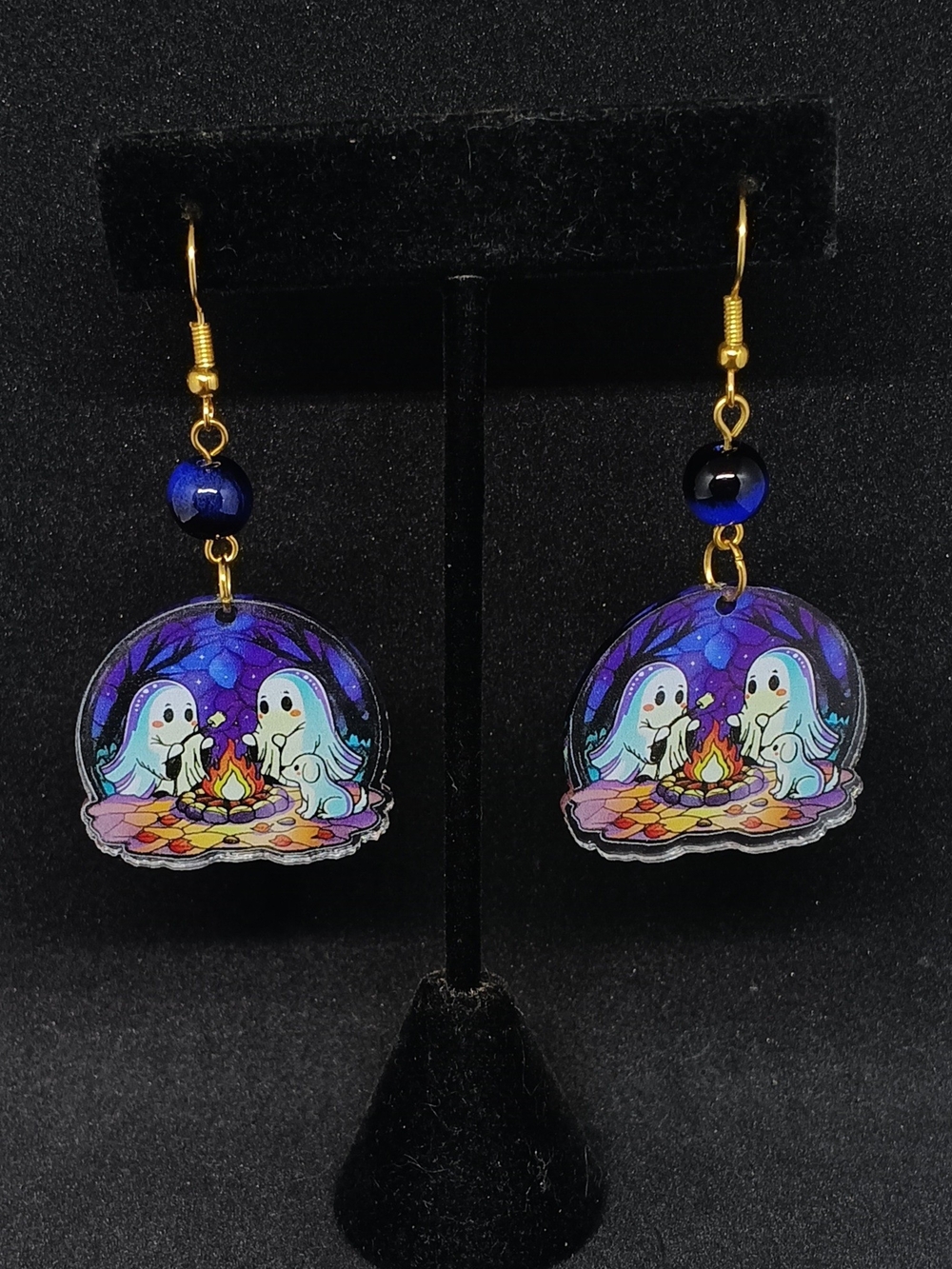 Gold-Tone Ghost Campfire Dangle Earrings in Blue and Purple